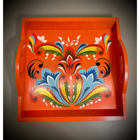 Scandinavian Folk Art - Hand-Painted Wooden Tray, Dala Orange Floral Rosemaling - Picture 2 of 6